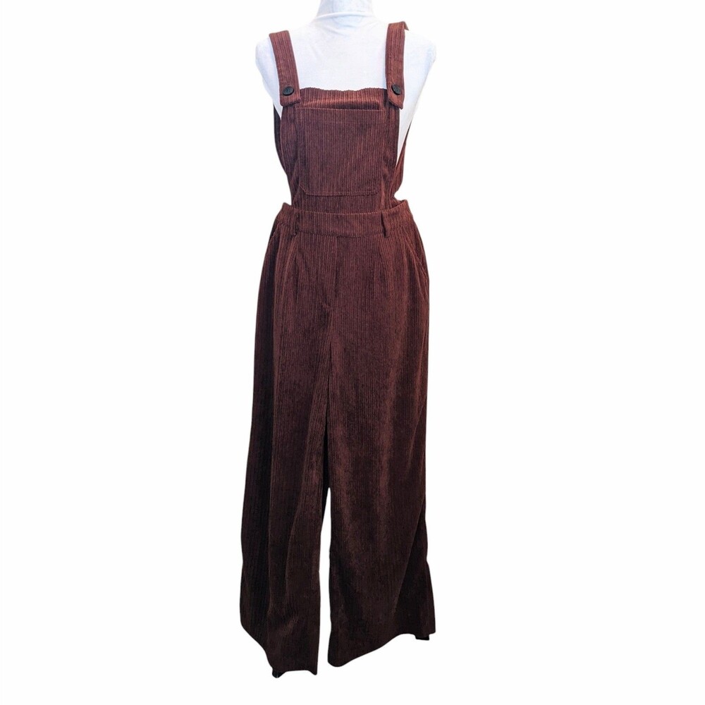 Boho Overalls Retro Corduroy Brown Zipper Wide Leg Medium